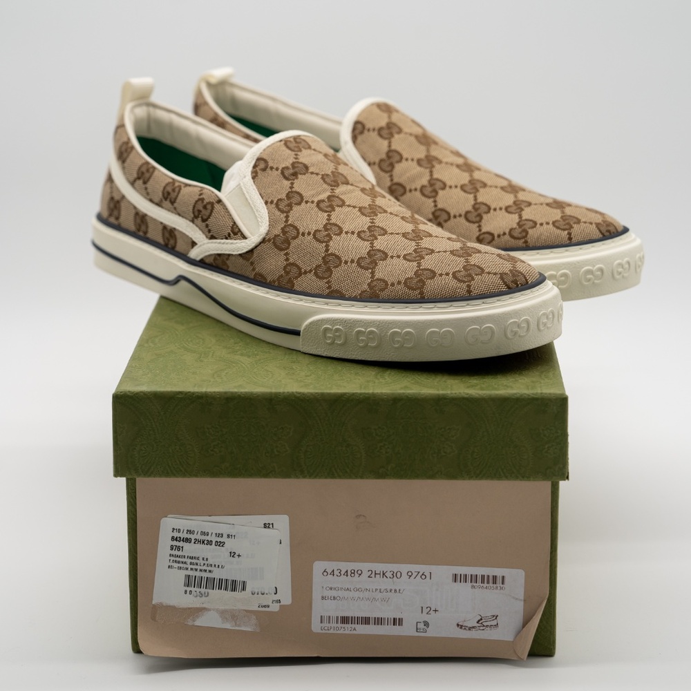 size 12.5G 13 US Gucci Tennis Slip On Canvas GG Brown Beige - Picture 9 of 10